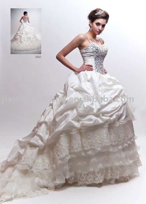 Elegant Satin Wedding Dress Crystal Beaded With Lace