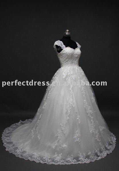 Heavy beading cap sleeve organza lace bridal gown