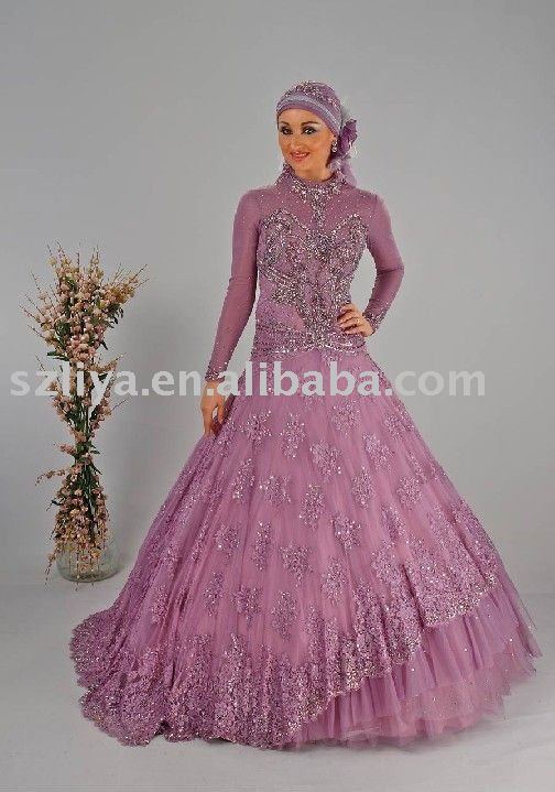 high quality purple lace beaded crystals muslim wedding dresses SHS322