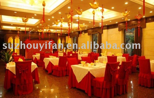 100 polyester white wedding table cloth and red chair covers
