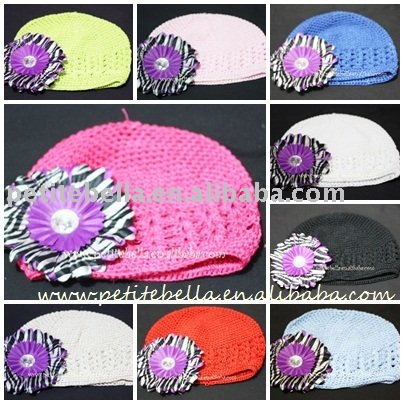Crochet Beanie Hat with Dark Purple Zebra Crystal Daisy FlowerChildren Clip 