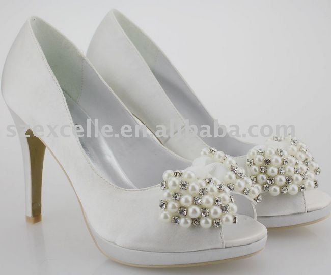 Satin upper with high heel rhinestone pearls bridal shoes