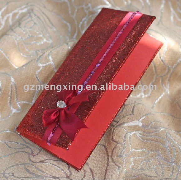 Red Glittering Fabric Wedding Invitation With A Nice Bow