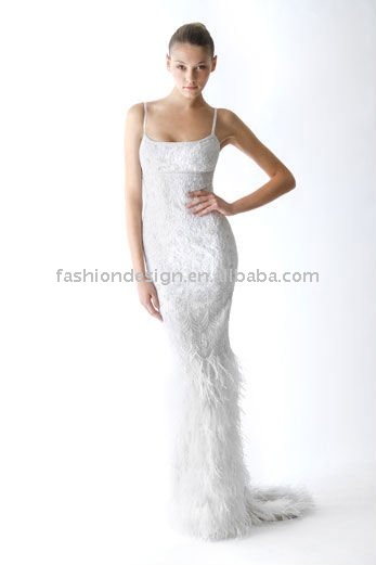 YF050 Embroidered stretch crepe feather bottom slip gown wedding dress