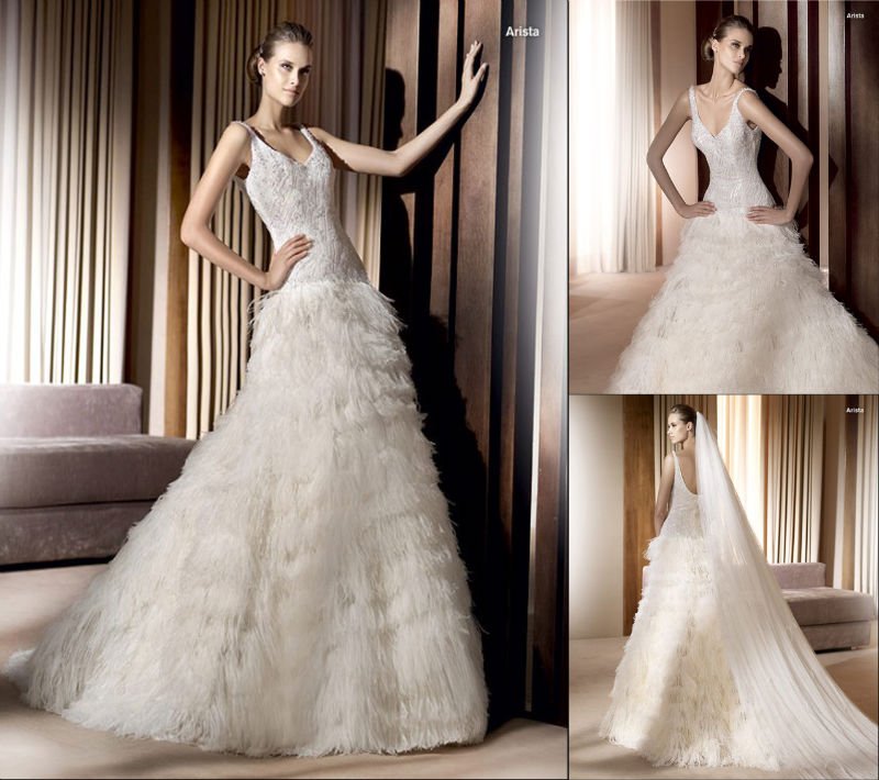 Hot Selling Noblest Beaded Ostrich Feather and Satin Wedding Dress Venus111