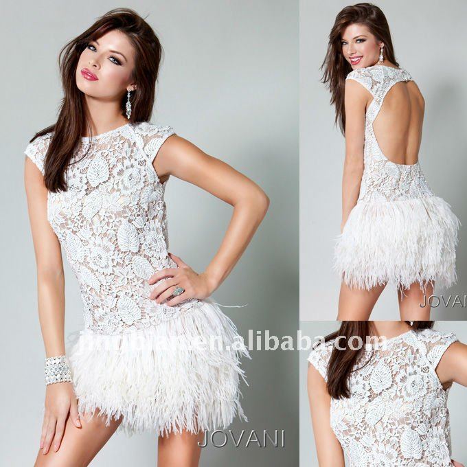 Gorgeous Lace and Feather White Party Gown 2012 Fashion Designs Short