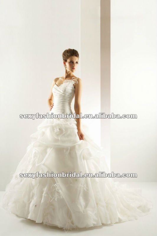 sweetheart fitting bodice flowers feather accented ball gown bridal feather