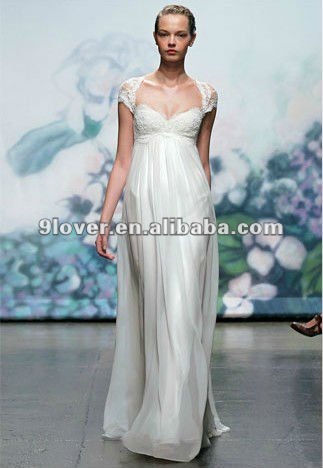 cap sleeve with keyhole lace back chiffon flowing empire skirt wedding dress