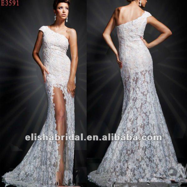 2012 New One Shoulder Lace Coverlay Front Short And Long Back Wedding Dress