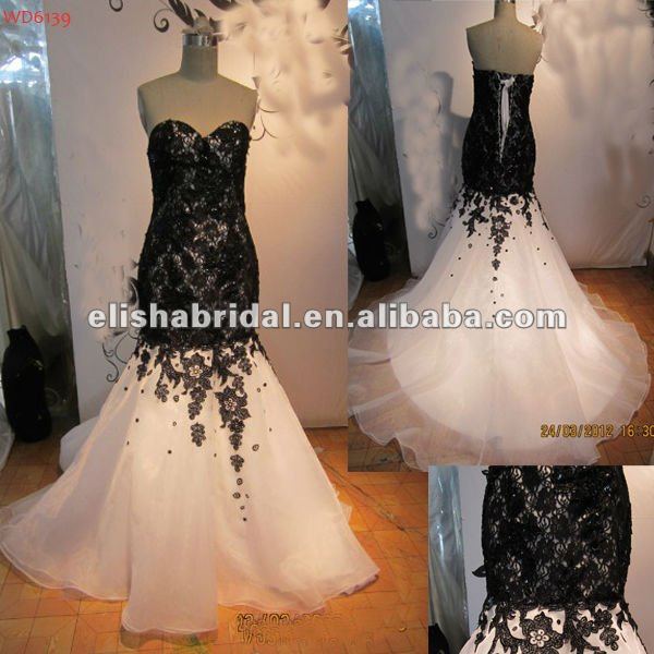 2012 Beautiful Mermaid Sweetheart White And Black Lace organza Wedding Dress