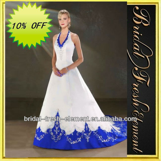 Satin Aline Embroidered Royal Blue And White Wedding Dresses