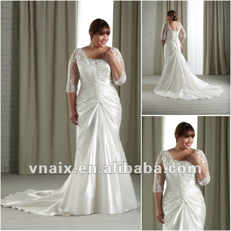PW0013 Vnaix 2012 Lace Top Long Sleeves Plus Size Wedding Dress