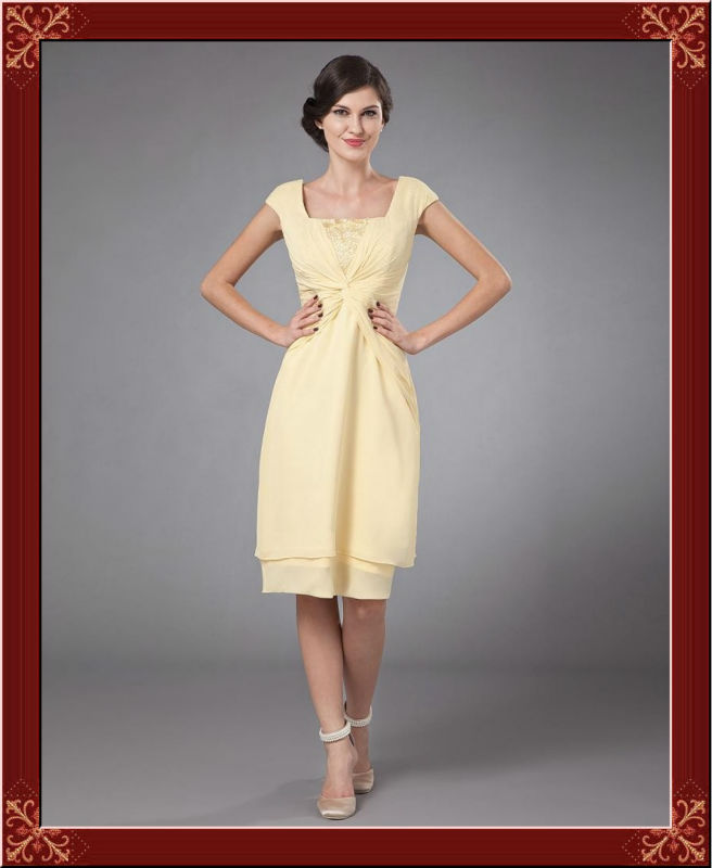 ... Chiffon Yellow Short Beaded Knee Length Mother of the Bride Dresses
