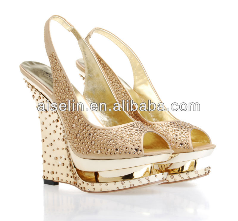 High Heel Wedge Sandals Wedding Shoes - Buy Gold Crystal High Heel ...