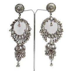 Long Ethnic Earrings Silver Tone Indian Fashion Jewelry
