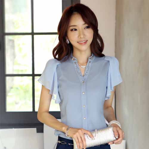 N3260 Cheap Wholesale Women Beads Blouses Fashion Shortsleeved Ladies Chiffon Blouse Buy