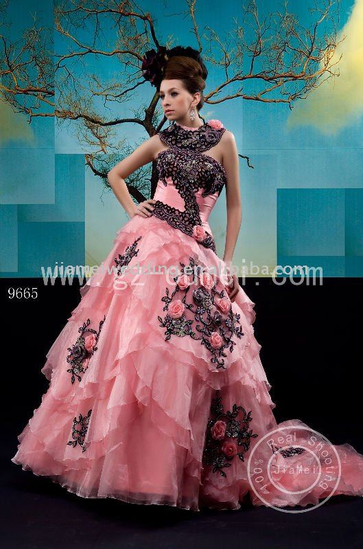 elegant pink and black wedding dress with lace appliqued and beaded 