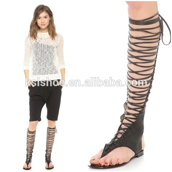 ... Long Boots  Sexy Flat Black Calfskin Tall Knee-high Gladiator Sandal