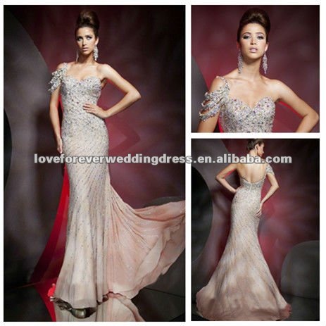  Shoulder Chiffon Dress on Shoulder Chiffon New Arrival Heavy Beading One Hand Evening Dresses