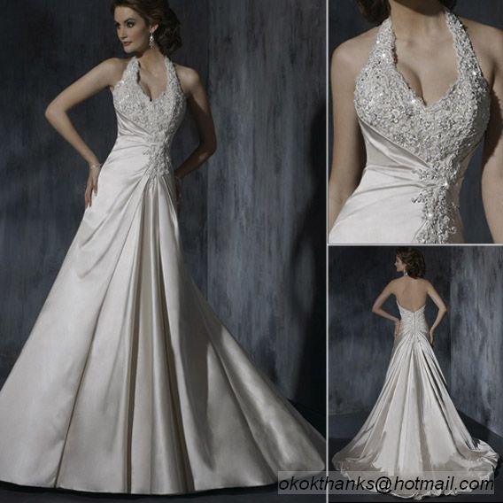 US042 Halter neck aplliques crystal beads lace bridal Vitage wedding gown