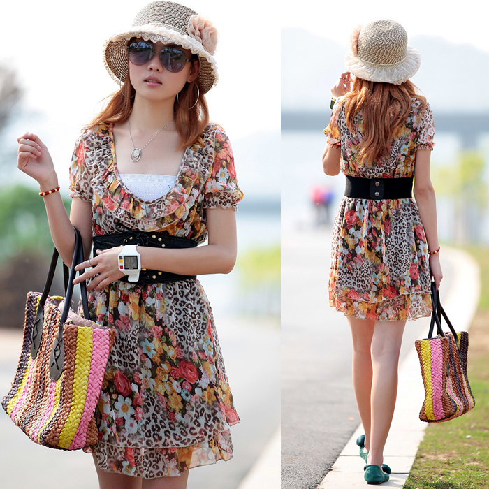 Gww7651 women's new arrival 2013 turn-down collar sweet rivet ruffle chiffon slim one-piece dress(China (Mainland))