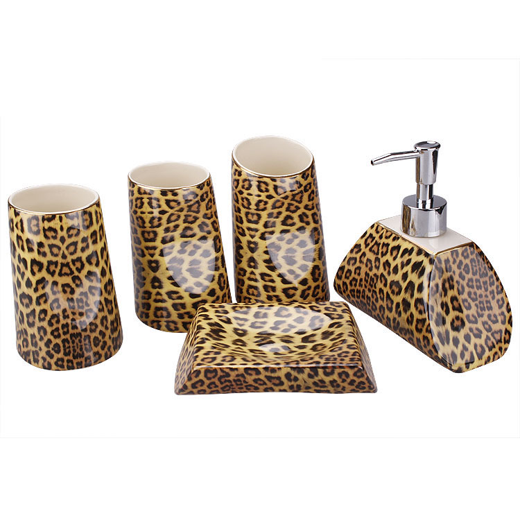 Leopard Bathroom Sets 15pc Brown Beige Set Fashion Leopard Print Ceramic Bathroom Supplies Set Quality