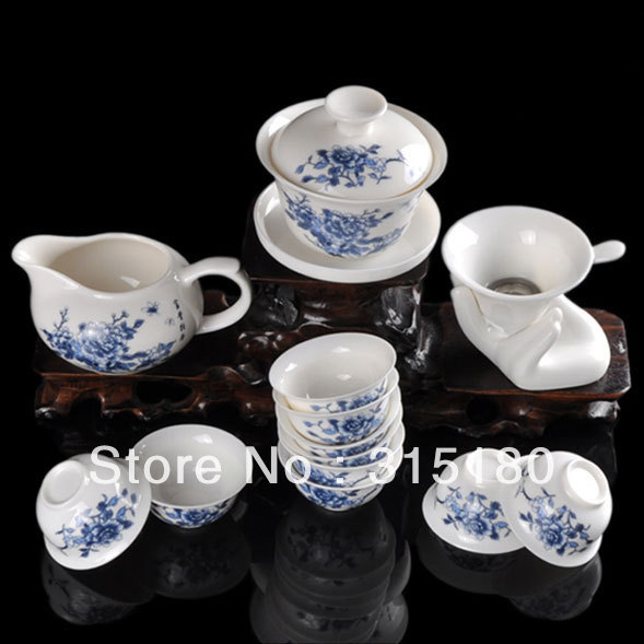 free shipping Peony Jade Porcelain Tea Set Suit Ceramic Kung Fu Teaset 14 Pcs wholesale