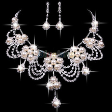Nova Sliver Chapada Rhinestone cristal do falso colar de pérolas + brinco Set Jóias para o casamento da noiva nupcial(China (Mainland))