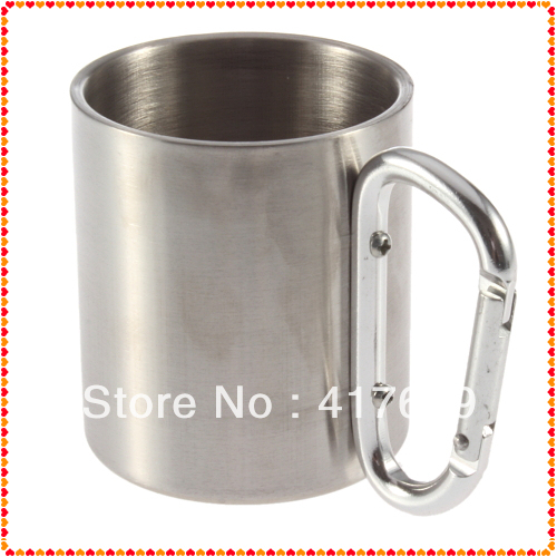 1pcs 220ml Traveling Carabiner Aluminium Hook Double Wall Stainless Steel Camping Cup Mug wholesale Dropshipping