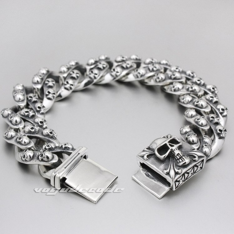 Huge-Heavy-Solid-925-Sterling-Silver-Skulls-Mens-Biker-Bracelet-8H012 ...