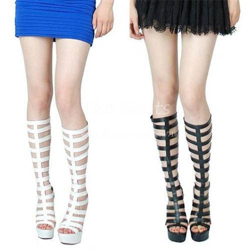 Black White Girls Peep Toe High Heel Long Knee High Gladiator Sandals ...