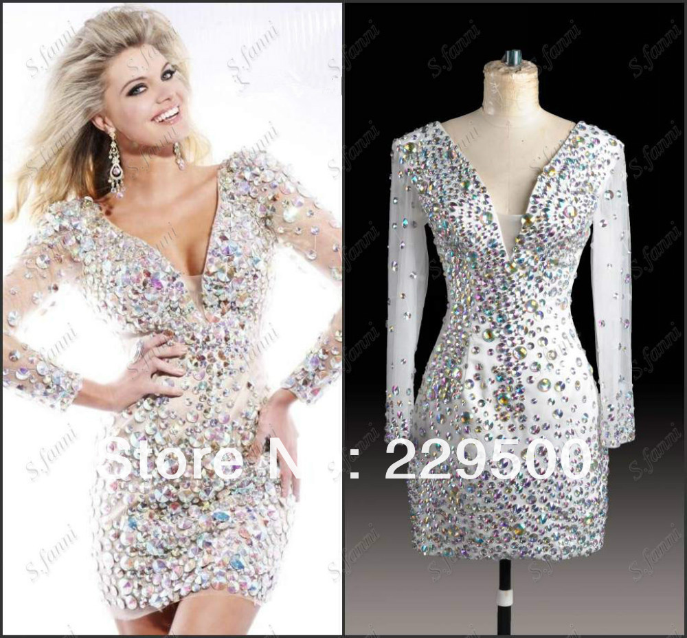 ... Expensive Crystal Diamond Long Sleeve Short Prom Dress Cocktail Dress