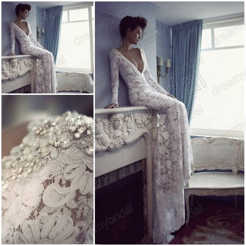 Deep V Neck Court Train Open Back Beaded Vintage Lace Mermaid Wedding Deep V Neck Court Train Open Back Beaded Vintage Lace Mermaid Wedding