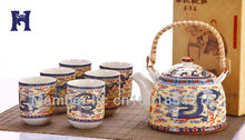 7 pcs chinese Jingdezhen porcelain tea set with rattan handle, exquisite bone-china ceramic teaset