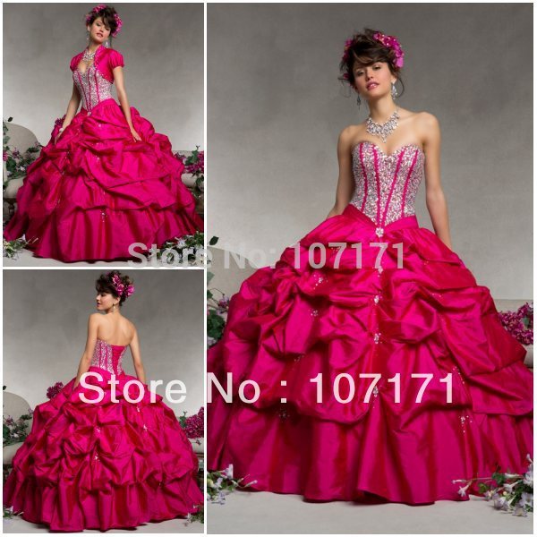 New Fashion Fushia Color Beaded Ruffle Taffeta Quinceanera Dress with Bolero Jacket