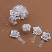 Frete grátis por atacado conjunto de prata 925 pulseira de flor + brincos + anel + colar, jóias venda quente, preço de fábrica S444(China (Mainland))