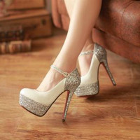2013 fashion women&#39;s pointed toe sparking leather pumps female high-heeled shoes paillette platform heels red sole wedding shoes