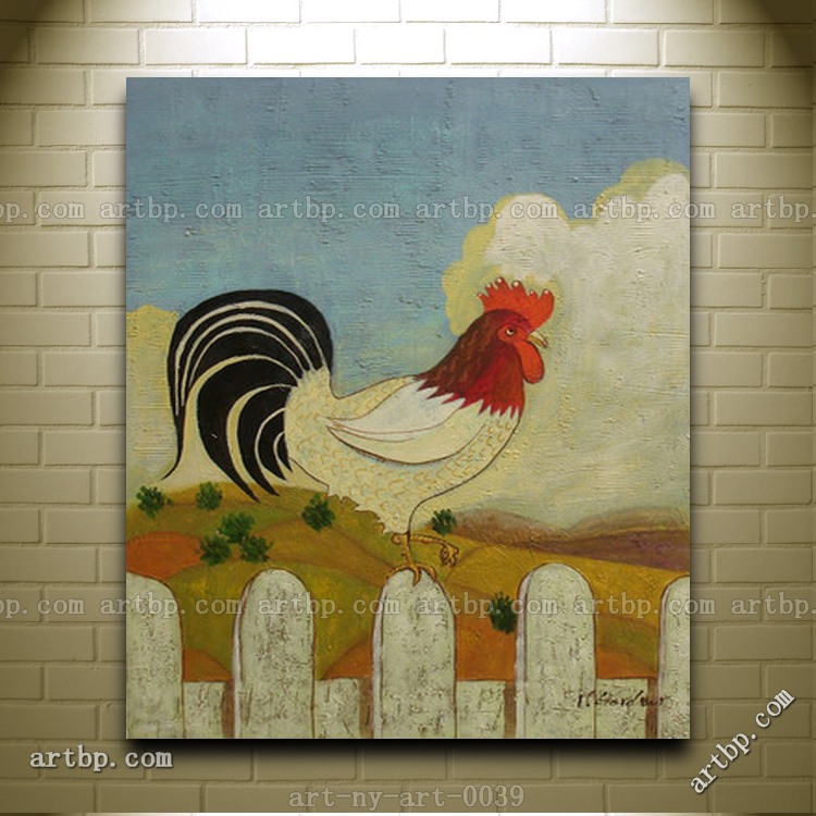  - Contemporary-Oil-Painting-Of-Rooster-Chicken-Standing-On-Fence-Portrait-Asian-Wall-Art-Painting-Canvas-Black
