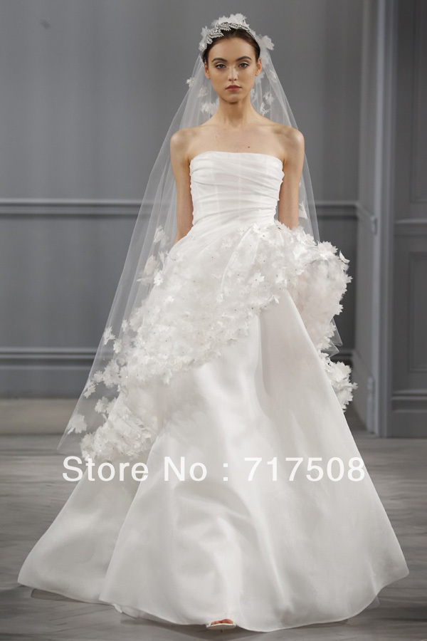 Strapless flower applique designer wedding dress