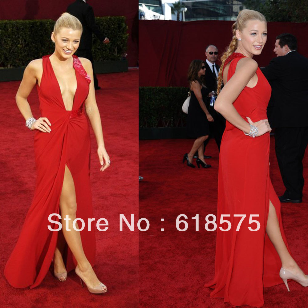 Red-Carpet-Dress-Deep-V-Neck-Backless-Side-Split-Blake-Lively-Red ...