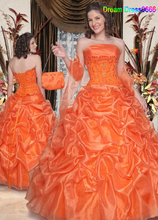 Free Shipping Custom made Orange Satin Organza Embroidery Beading Strapless A-Line Quinceanera Dress Party Dress
