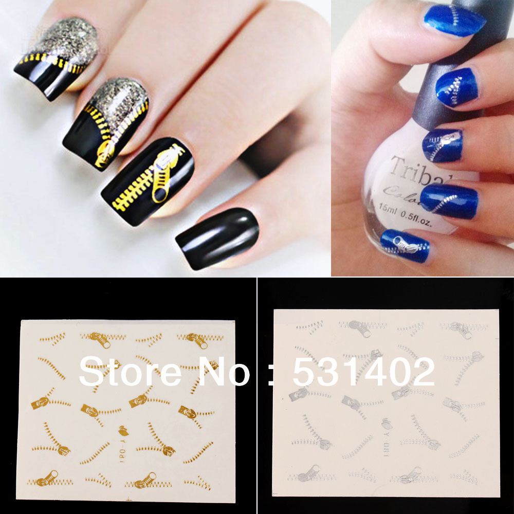 Nail-Art-Water-Transfers-Stickers-Metallic-Gold-Silver-Zipper-Zip-Nail ...