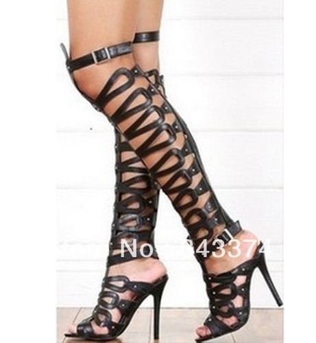 gladiator Boots fashion Cut out High Heel Summer Shoes Brand Knee High ...