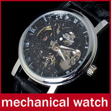 Fashion Brand Winner Black Leather Band Alloy Skeleton Mechanical Hand Wind Men Watch For Man Black Mechanical Dress WristWatch