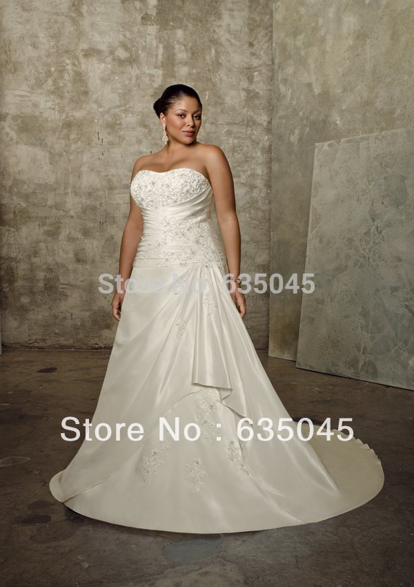 Free Shipping Custom made Ivory Satin Taffeta Pleat Embroidery Beading Strapless A Line Plus Size Wedding