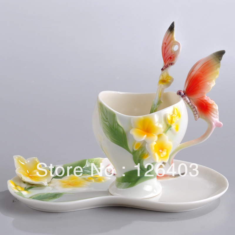 Bone Chinese Porcelain Tea Sets Enamel Flower Butterfly Coffee Cup Ceramic Cup European Style Mug Milk