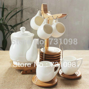 Free Shipping by Fedex Six Piece Tea and Coffee Set Porcelain Pot and Cups Bamboo Standard