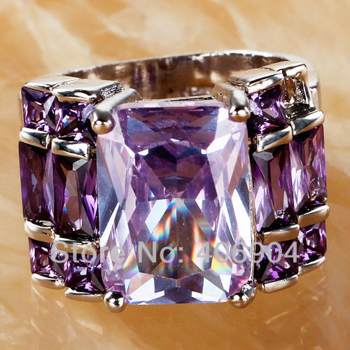 Wholesale Noble Unisex Emerald Cut Tourmaline Amethyst 925 Silver Ring Size 7 8 9 10 For