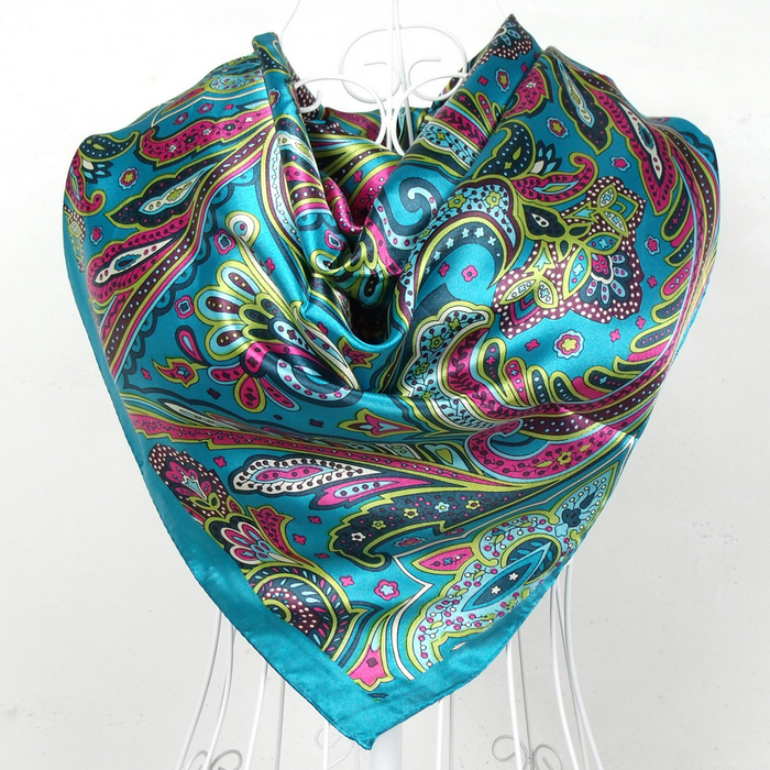 2013 Fashion Muslim Women Big Square Silk Scarf Wraps,Hot Sale Female Classical Pattern Design Blue Satin Square Scarves Printed