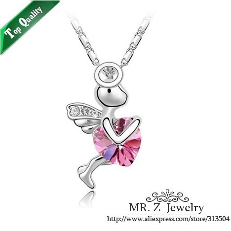 Factory Price 2013 New Fashion Austrian Crystal Cupid Hearts Necklace Little Girls Jewelry Free Shipping